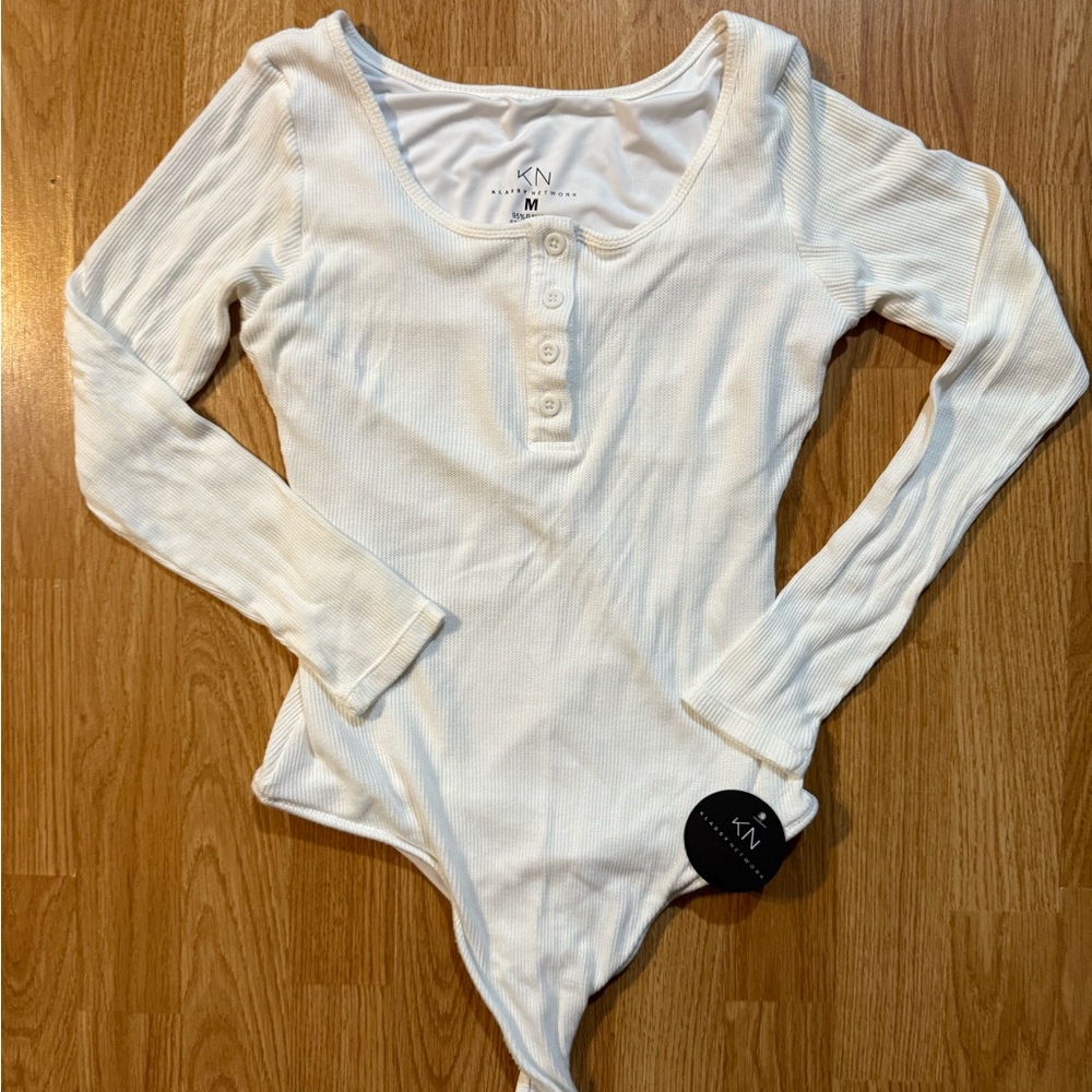 White Ribbed Long Sleeve Bodysuit